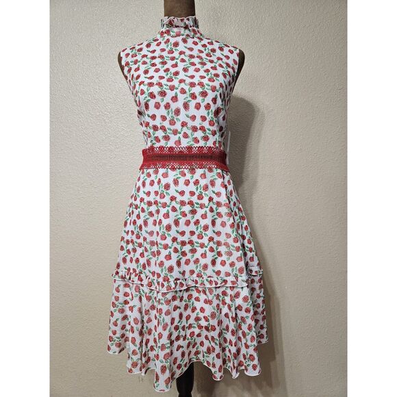 Donna Morgan Women’s A-Line Dress Floral Print Lace Trim Ruffle Neck Sz 6 - Picture 1 of 2